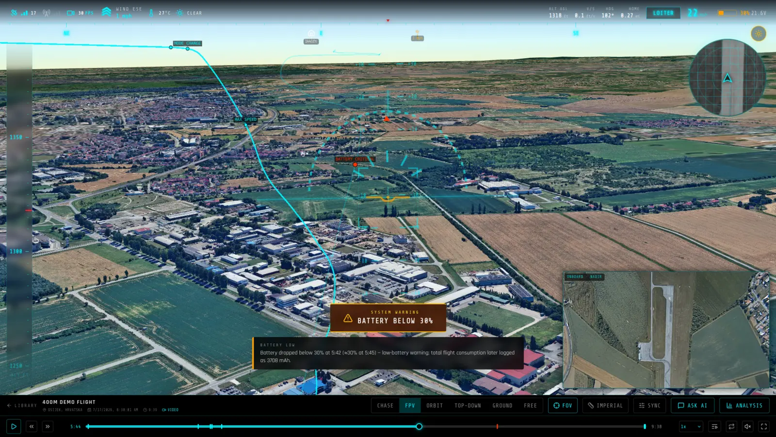 A MAVLink flight log replayed in RavnView: 3D reconstruction over real terrain with HUD chrome, flight path, onboard video inset and an AI event annotation
